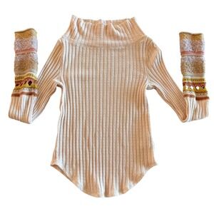 Free People Cozy Up Ribbed Knit Tunic Top Cream Boho Sleeves XS‎